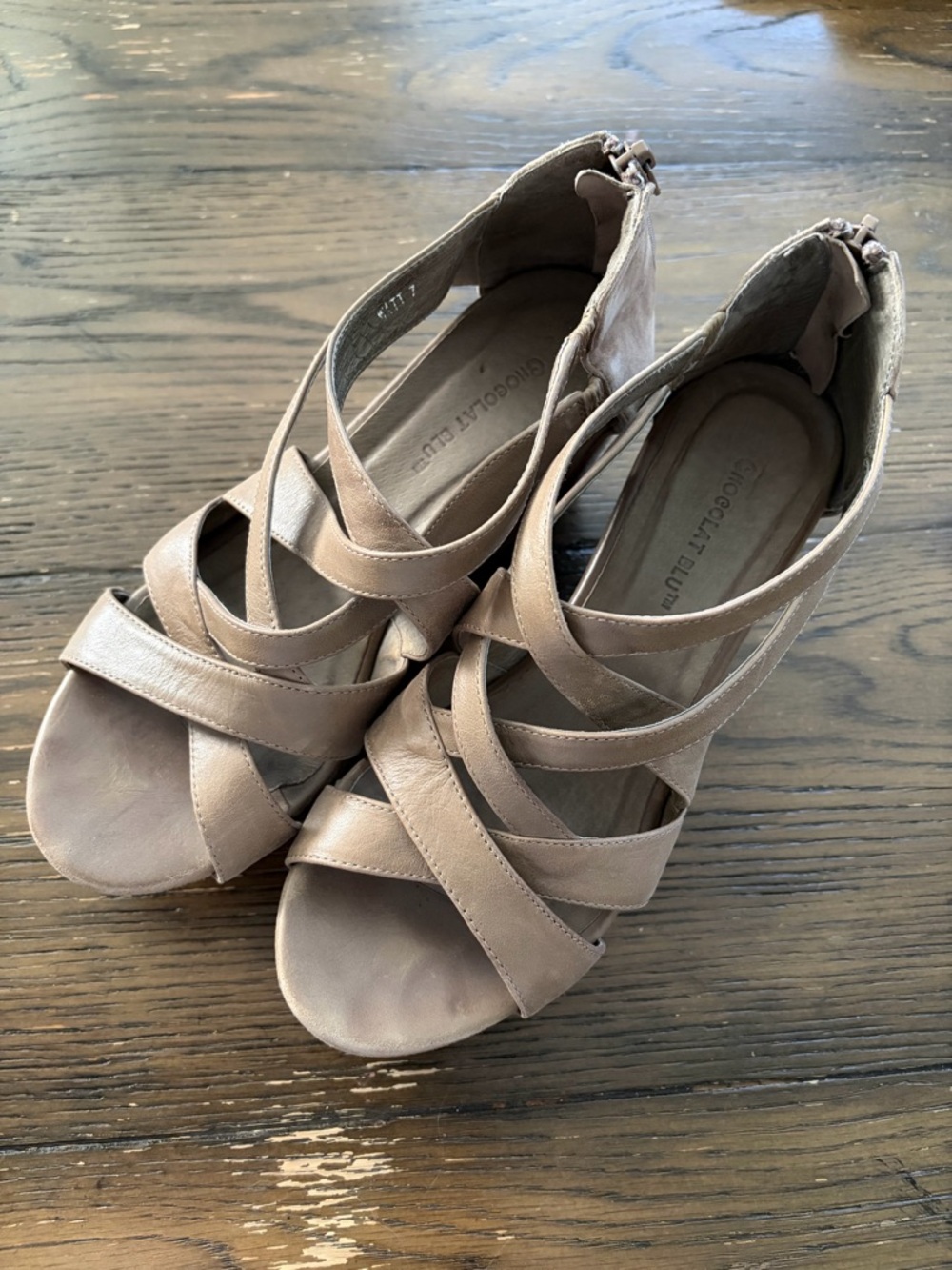 Chocolat Blu Watt Taupe Leather Wedge Sandals | Strappy Platform | Size 7 - Picture 2 of 10